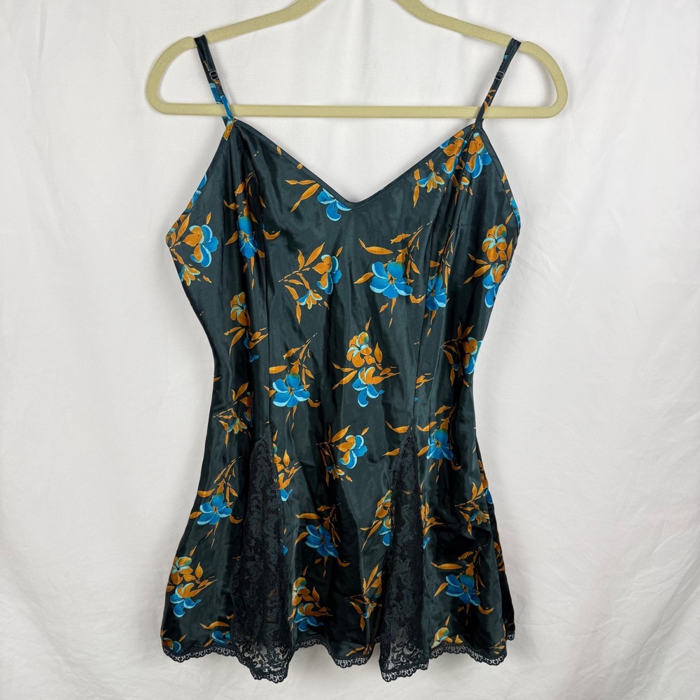 Vintage Victoria's Secret Gold Label‎ Satin Lace Black Floral Chemise Slip Dress